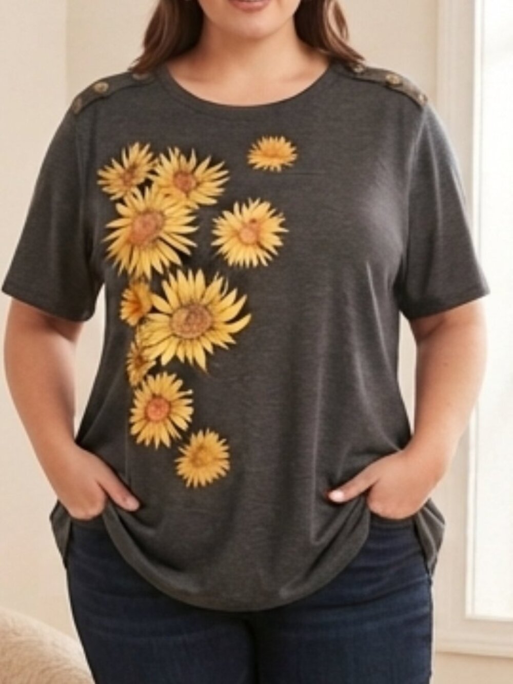TruSelf Gray Sunflower Print Tunic Top Half Sleeve Button Shoulder Detail 3X